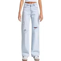 High-waisted straight jeans with ripped knee details, light blue denim, women's fashion by It's Basic.