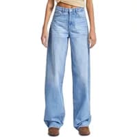 High waisted wide leg jeans in light blue denim with a relaxed fit, featuring a button closure and belt loops.
