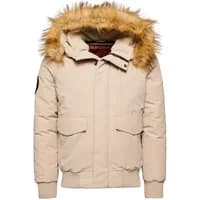 Beige Superdry Everest hooded jacket with faux fur trim and front pockets.