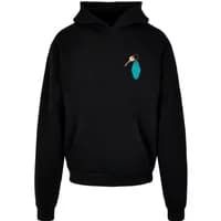 Black hooded sweatshirt with small colorful graphic on chest, featuring a key and turquoise keychain.