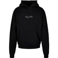 Black hooded sweatshirt by Mister Tee with "City of Angels" text on chest, front pocket, and ribbed cuffs.