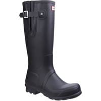 Black Hunter men's wellies, UK 9, with side adjustable buckle and textured sole.