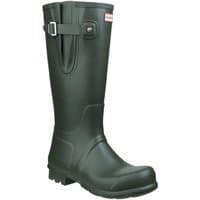 Dark olive men's wellies with side buckle, knee-high design, and rugged sole by Hunter, UK size 9.
