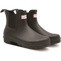 Black Hunter Original Chelsea boots, ankle-high with elastic side panels and pull tabs, UK size 6.