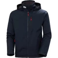 Navy Helly Hansen Crew 2 hooded jacket with red zipper accents and logo on the hood.