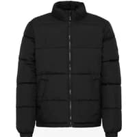 Black puffer jacket with high collar, front zipper, and two side pockets.
