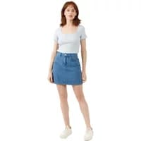 Blue denim skirt by Artlove Marisca, high-waisted with front buttons and pockets, worn by a woman in a white top.