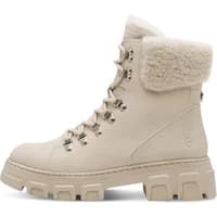 Lace-up fur-lined ankle boots, beige leather with chunky sole and metal eyelets, Tamaris 1-26906-45.