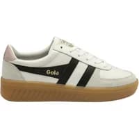 White Gola Grandslam Elite trainers with black stripes, gold logo, pink heel detail, and gum sole.