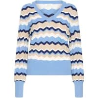 Blue and beige zigzag pointelle jumper with V-neck and long sleeves by b.young Mmorla.