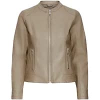 Beige leather jacket by b.young with front zipper, round collar, and two zippered pockets.