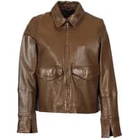 Brown Oakwood Darla leather jacket with front zipper, collared neck, and flap pockets.