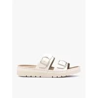 White leather mules for women by Ryłko, featuring two adjustable buckle straps and a thick sole.
