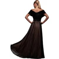 Black Goddiva Bardot A-line dress with off-shoulder neckline and flowing skirt.