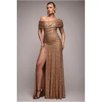 Gold long fitted dress, off-the-shoulder, cowl neck, drawstring detail, thigh-high slit, by Goddiva.
