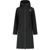 Long black hooded jacket for women by SOS Talinis, featuring a full-length zipper and two front pockets.