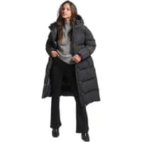 Long black hooded puffer jacket by Superdry, quilted design, full-length, with front zipper and button closure.