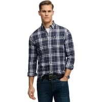 Long sleeve cotton shirt by Superdry, blue and white plaid pattern, button-down, with a collar and chest pocket.