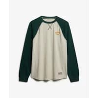 Beige and dark green long sleeve Superdry Vintage Athletic Baseball T-shirt with logo on chest.