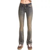 Low rise skinny jeans for women, faded blue denim with front button closure and slight distressing.