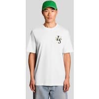 White Lyle & Scott T-shirt with botanical graphic and "LS" logo on chest, worn by model with green cap.