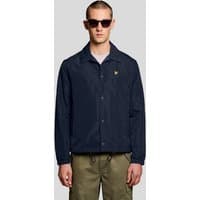 Navy Lyle & Scott men's lightweight coach jacket with button front, collar, and embroidered logo on chest.