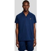 Navy Lyle & Scott men's polo shirt with embossed design, short sleeves, and yellow logo on chest.