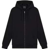 Black Lyle & Scott zip-up hoodie with drawstring hood, front pockets, and subtle logo on chest.