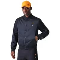 Black McLaren Racing Jacket by New Era, featuring button closure, orange logo accents, and ribbed cuffs.