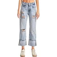 Mid-rise folded hem straight jeans with distressed details and light wash, worn by a model with white sneakers.