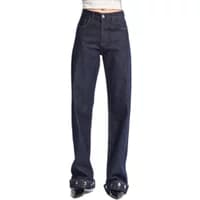 Mid-rise loose jeans with button detail along hem, dark denim, straight leg, women's fashion by It's Basic.
