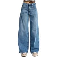 Mid-rise blue palazzo jeans with wide legs and classic five-pocket design.