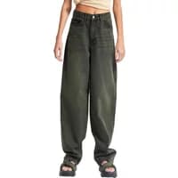 Mid-rise wide leg jeans in dark wash with front pockets, belt loops, and button closure, worn by a standing model.