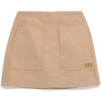 Beige canvas mini skirt with front pockets and ARMEDANGELS logo patch.