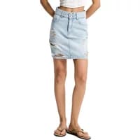 Light blue denim mini skirt with distressed rips, belt loops, and front pockets, worn by a standing woman.