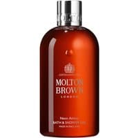 Amber bottle of Molton Brown Neon Amber Bath & Shower Gel with silver cap, 300 ml, elegant branding.