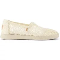 Moroccan crochet espadrilles by TOMS, cream color, slip-on style with woven texture and flat sole.