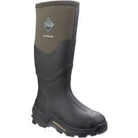 Moss green and black waterproof Wellington boots with rugged sole and Muck Boot logo on the shaft.