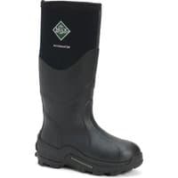 Black Muck Boot Muckmaster Hi waterproof wellington boots, tall design with rugged sole and green logo on the shaft.