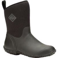 Black and charcoal mid-height women's wellies with rose accents, textured sole, and Muck Boot logo on the side.