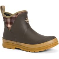 Brown plaid print ankle wellington boots with tan sole and pull tab, by Muck Boots, UK size 7.
