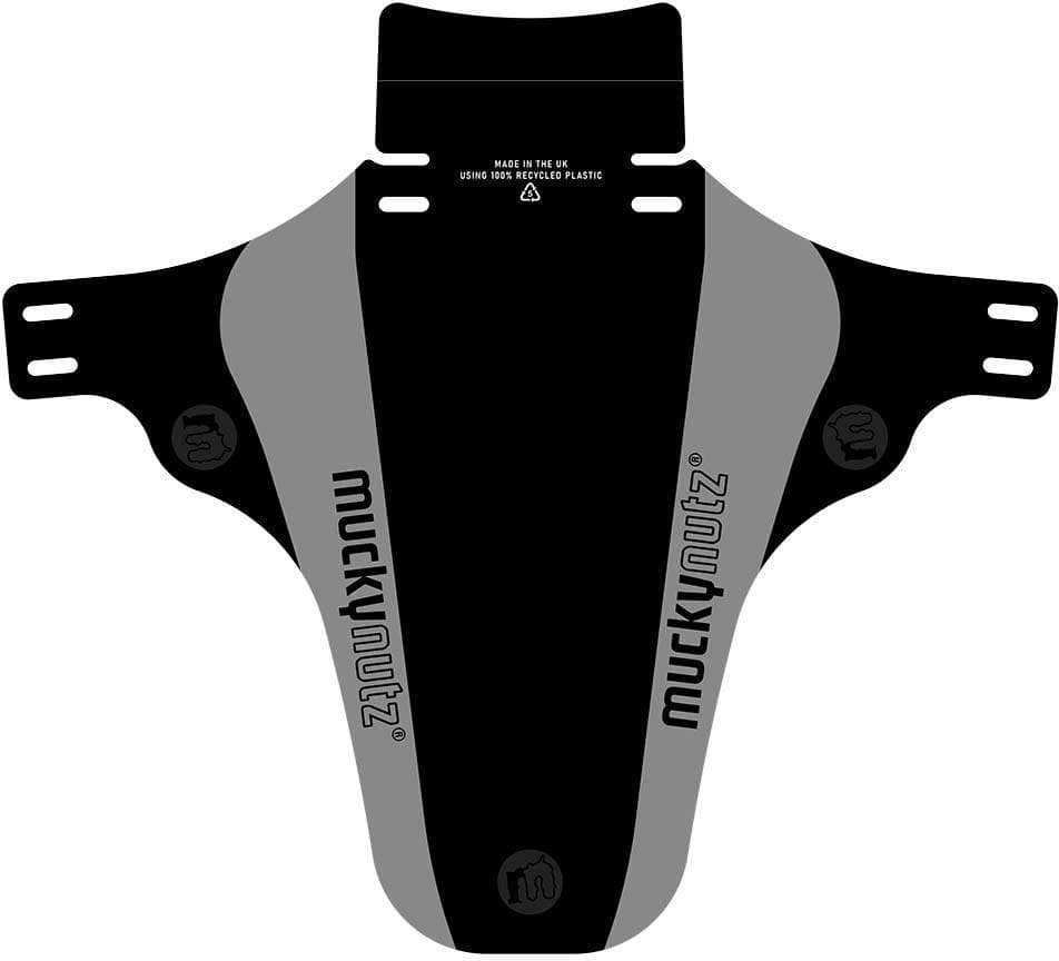 Grey Mucky Nutz Face Fender with black accents, flexible plastic, and multiple mounting slots.