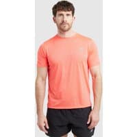 Orange New Balance athletic T-shirt with short sleeves and crew neck, worn by a male model standing against a plain background.