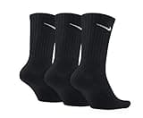Black Nike Everyday Cushion Crew Socks, pack of 3, featuring ribbed cuffs and white swoosh logo near the top.