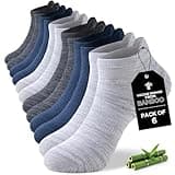 Six pairs of Niorasen bamboo trainer socks in shades of gray and blue, low cut, with a bamboo tag.