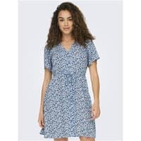 Provincial blue short dress with floral pattern, V-neck, short sleeves, and waist tie.