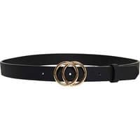 Black faux leather belt with gold double-ring buckle, medium size.