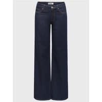 Dark blue denim low waist wide leg jeans with front pockets and button closure.