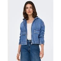 Blue denim jacket with front pockets, zip closure, and elastic cuffs, worn by a model over a white top.
