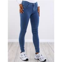 Blue skinny fit jeans with medium blue denim, featuring a classic five-pocket design and button closure.